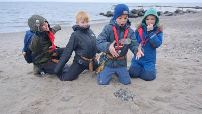 Fire minispejdere bagved en lille pingvinformet i sand, de smiler og fjoller.
